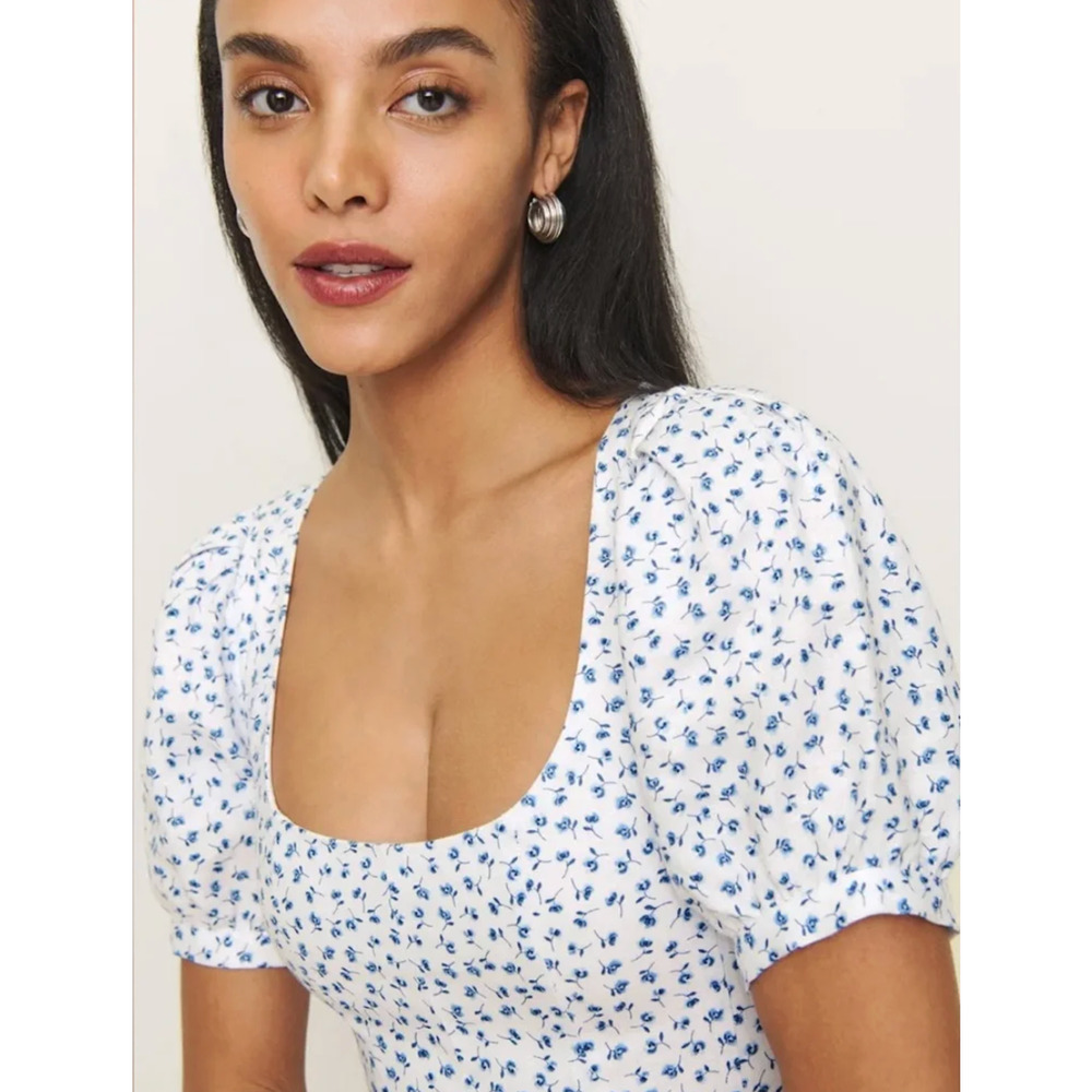 Reformation 6 Coucou 100% Linen Midi Dress Puff Sleeve Liberty Floral Blue White - Picture 15 of 16